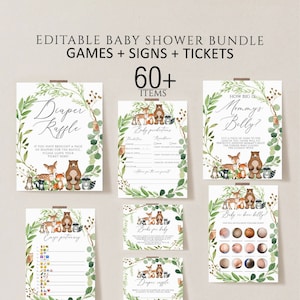 Baby Shower Games Bundle, Printable Baby Shower Game Pack, Woodland Animals Editable Games, Forest Animals Baby Shower Package, Shower sign