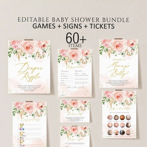 Blush Pink Floral Baby Shower Games bundle, Editable baby shower games, Floral baby shower games printable, Girl baby shower games download