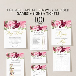 Floral Bridal Shower Games, Printable Bridal Shower Games, Pink Floral Wedding Shower Games, Editable Bridal Party Games, Bride or Groom set