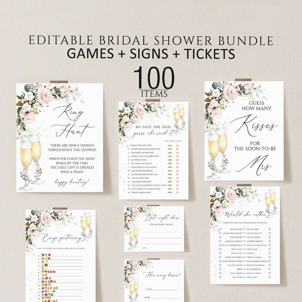 Bridal Shower Games, Printable Bridal Shower Games, Boho floral Wedding Games, Editable Brunch and Bubbly Bridal Party Games,Bride Groom set