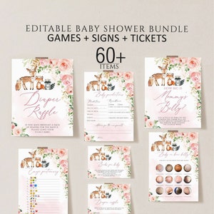 Woodland Girl Baby Shower Games Bundle, Floral Woodland Baby shower Games Bundle, Forest Baby Shower Game, Editable games, Instant Download