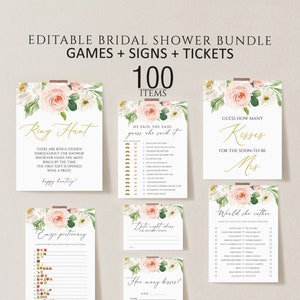 Puede incluir: Una colección de juegos y letreros imprimibles para la despedida de soltera. Los diseños presentan arreglos florales con rosas rosas y flores blancas. El texto incluye "Ring Hunt", "He Said, She Said", "Guess How Many Kisses" y "Emoji Pictionary".