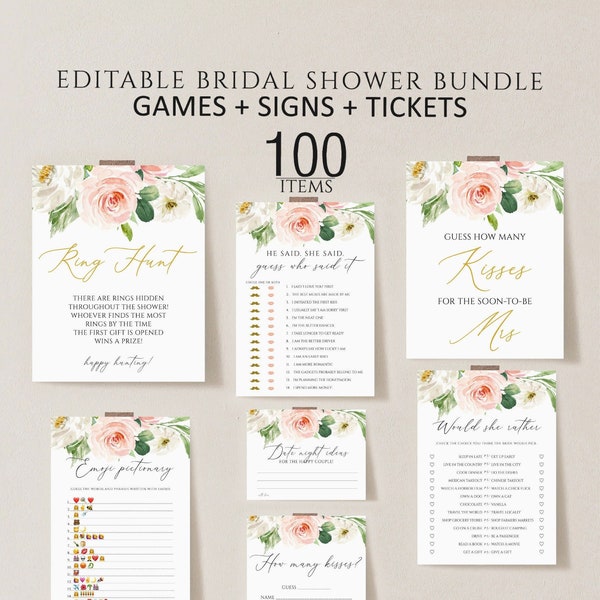 Floral Bridal Shower Games, Printable Bridal Shower Games, Pink Floral Wedding Shower Games, Editable Bridal Party Games, Bride or Groom set