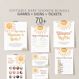Editable Sun Baby Shower Games Bundle, Voici le modèle de jeux de baby shower soleil, Boho Sunshine Baby Shower Games, Téléchargement imprimable