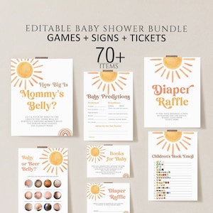 Editable Sun Baby Shower Games Bundle, Here comes the sun baby shower games template, Boho Sunshine Baby Shower Games, Printable Download