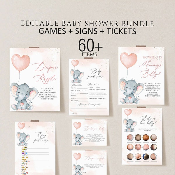 Elephant Baby Shower Games Printable Game Bundle Pink Elephant Girl Baby Shower Games Package Instant Download, pink balloon baby shower