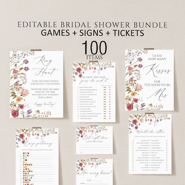 Wildflower Bridal Shower Games, Printable Bridal Shower Games, Boho Wedding Shower Games, Editable Bridal Party Games, Floral Bridal shower