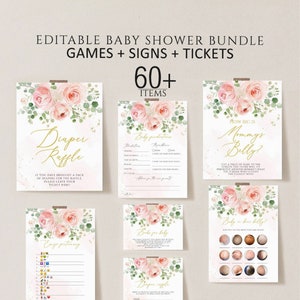 May include: A set of printable baby shower game cards with pink floral designs and gold accents. The cards include games like "Diaper Raffle", "Baby Predictions", "How Big is Mommy's Belly?" and "Baby or Bear Belly?"