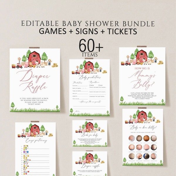 Farm Animals Baby Shower Games Bundle, Editable Baby Shower Games, Printable Baby shower Games, Instant Download, Farm animal baby shower