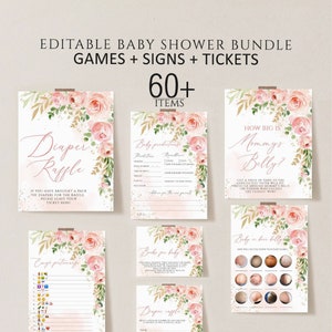Editable baby shower games bundle, Blush Pink Floral Baby Shower Games, Floral baby shower games printable, Girl baby shower games download