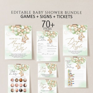 Green Teddy Bear Baby Shower Games, Baby Shower Game Bundle,Bear Themed Bingo Emoji The price is right Instant Download Digital, green bear