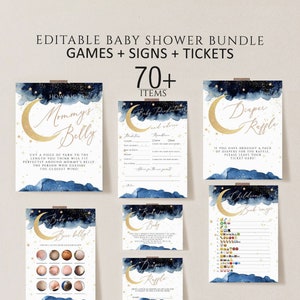 Over the Moon Baby Shower Games, Printable, Moon and Stars Baby Shower Game Bundle,Blue Twinkle Twinkle Little Star Baby Shower Games Bundle
