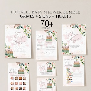 Travel Baby Shower Games Printable, Editable Baby Shower Games Bundle, Baby Shower Games, Adventure Awaits Girl Baby Shower Games Download