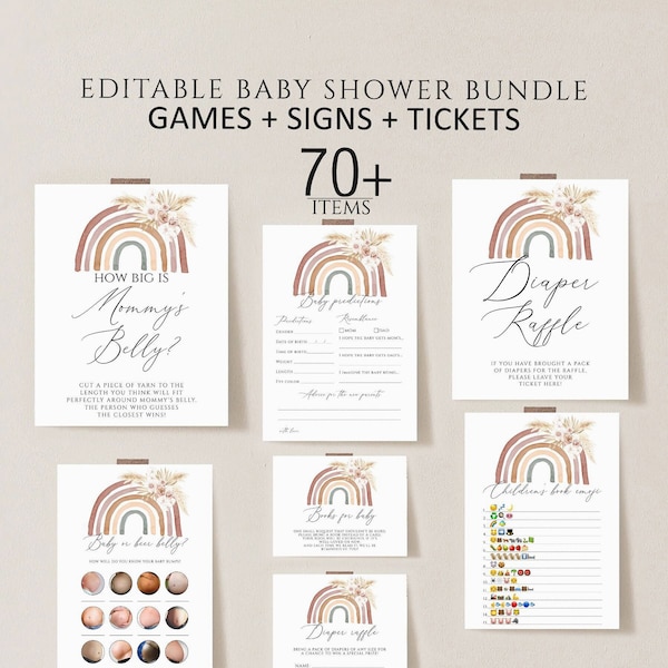 Boho Rainbow Baby Shower Games Bundle, Floral pampas grass rainbow baby shower games, Personalize Baby Game, Instant Download templates