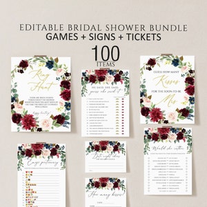 Burgundy Floral Bridal Shower Games, Printable Bridal Shower Games, Marsala floral Wedding Shower Games, Editable Bridal Party Games