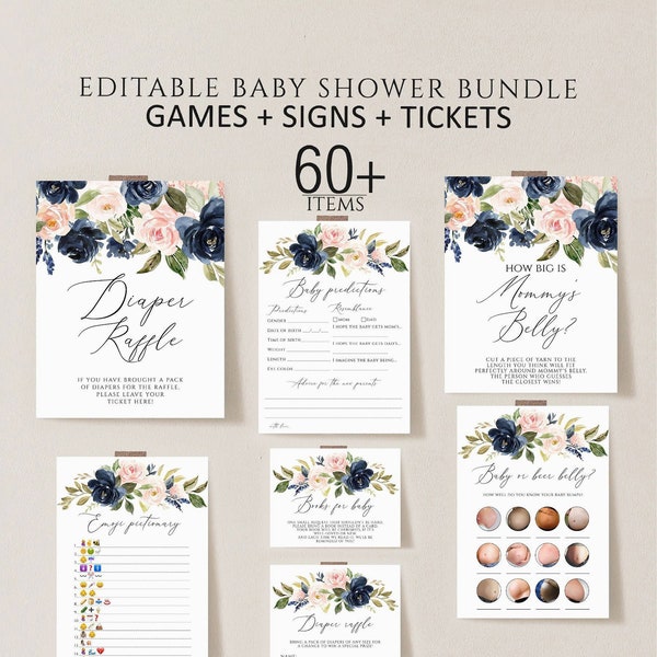 Blush Navy Floral Baby Shower Games Printable, Floral Baby Shower Game Bundle, Blue Pink Floral Baby Shower Games, Girl, Boy, Twins Shower