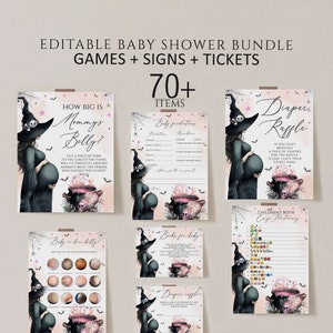 Editable A Baby is Brewing Pink Halloween Baby Shower Games Bundle, Girl Halloween Baby Shower Game, Witch Baby Shower Games, shower Signs
