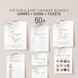 Greenery Baby Shower Games Bundle, Editable Eucalyptus Baby Shower Games, Printable baby shower Game, Instant Download, boho baby shower