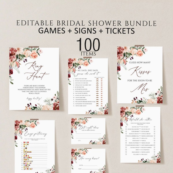 Fall bridal shower games template, pumpkin bridal shower games bundle, Editable autumn leaves floral bridal party games, boho neutral rustic