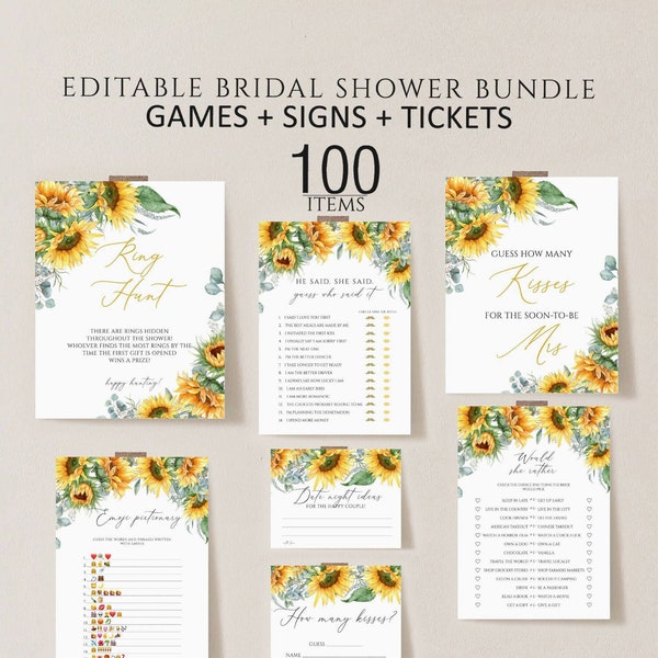 Sunflower Bridal Shower Games, Printable Bridal Shower Games, Sunflower Wedding Shower Games, Editable Bridal Party Games, Floral shower