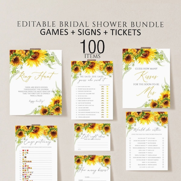 Sunflower Bridal Shower Games, Printable Bridal Shower Games, Sunflower Wedding Shower Games, Editable Bridal Party Games,Bride or Groom set