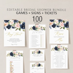 Floral Bridal Shower Games, Printable Bridal Shower Games, Blush & Navy Wedding Shower Games, Editable Bridal Party Games,Bride or Groom set