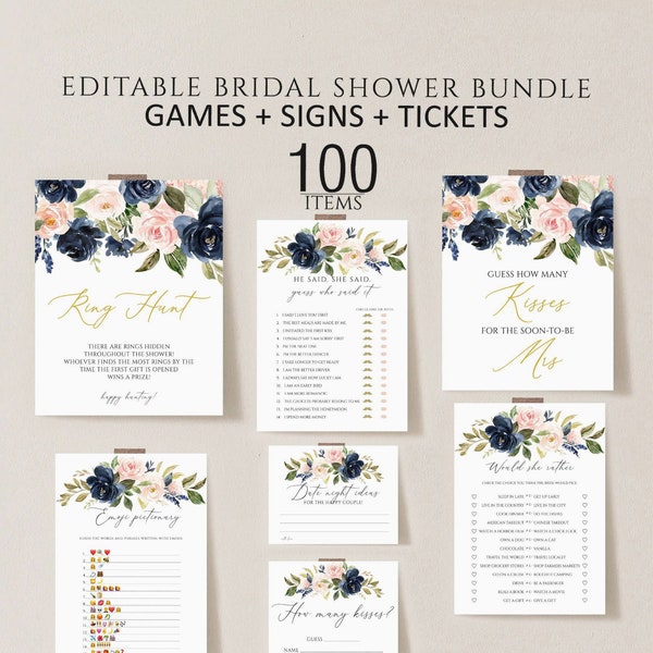 Floral Bridal Shower Games, Printable Bridal Shower Games, Blush & Navy Wedding Shower Games, Editable Bridal Party Games,Bride or Groom set