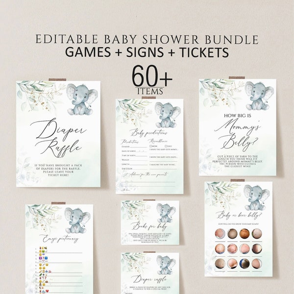 Elephant Baby Shower Games Printable Game Bundle Elephant Baby Shower Games Package Instant Download, gender neutral elephant baby shower