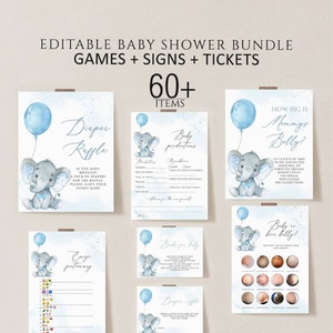 Elephant Baby Shower Games Bundle, Blue Elephant, Instant Download, Baby Shower Boy Games Package, Printable Games, Editable balloon shower