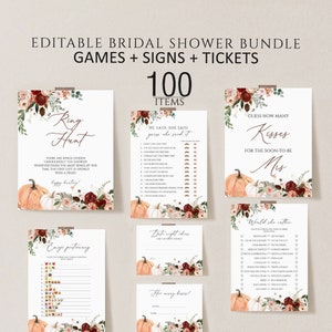 Fall bridal shower games template, pumpkin bridal shower games bundle, Editable autumn leaves floral bridal party games, boho rustic, f6
