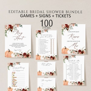 Fall bridal shower games template, pumpkin bridal shower games bundle, Editable autumn leaves floral bridal party games, boho neutral rustic