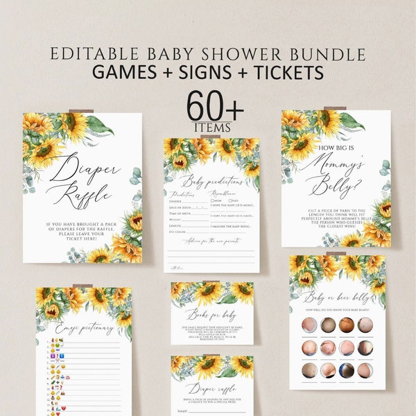 Sunflower Baby Shower Games, Editable Baby Shower Games Bundle, Baby Shower Games, Printable Sunflowers Games, Virtual Baby Games download