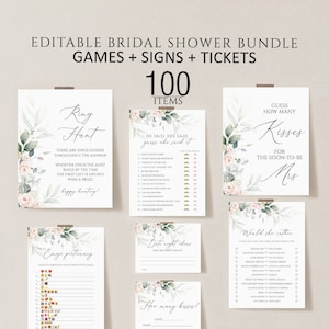Bridal Shower Games, Printable Bridal Shower Games, Pink Floral Greenery Wedding Shower Games, Editable Bridal Party Games, Bride Groom set