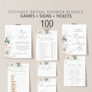 Pink Floral Bridal Shower Games, Signs, Tickets (Editable)