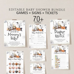 Editable A Baby is Brewing Halloween Baby Shower Game Bundle, Witch Halloween Baby Shower Game Pack Printable, Spooky baby shower Template