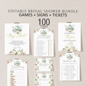 Tea Party Bridal Shower Game Bundle, Printable Bridal Shower Games, Pink Floral Wedding Shower Games, Editable Bridal Party Games download