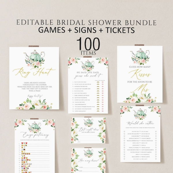Tea Party Bridal Shower Game Bundle, Pink Floral, Editable (Digital Download)