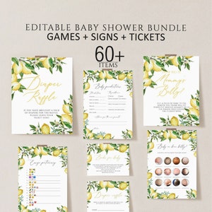 Lemon Baby Shower Games Bundle, Printable Baby Shower Game Pack, Citrus baby shower Editable Games, Baby Shower games Package, Shower sign
