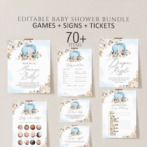 Editable Boy Blue Pumpkin Baby Shower Game Bundle, Fall Rustic Floral Pumpkin Baby Shower Game Pack, Little Pumpkin Baby Shower Games set