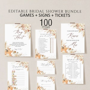 Fall bridal shower games template, pumpkin bridal shower games bundle, Editable autumn leaves floral bridal party games, boho rustic, f9