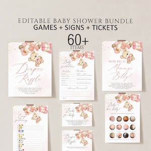 Teddy Bear Baby Shower Games Printable, Editable Baby Shower Games Bundle, Girl Baby Shower Games, Pink balloon baby shower games Download