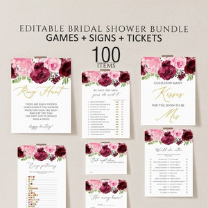 Floral Bridal Shower Games, Printable Bridal Shower Games, Pink Floral Wedding Shower Games, Editable Bridal Party Games, Bride or Groom set