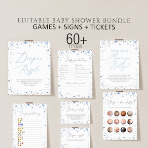 May include: A set of printable baby shower game cards with a blue and silver confetti pattern. The cards include games like "How Big is Mommy's Belly?", "Baby Predictions", "Diaper Raffle", "Emoji Pictionary", "Books for Baby", and "Baby on Beer Belly".