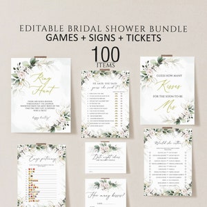 Floral Bridal Shower Games, Printable Bridal Shower Games, white Floral Wedding Shower Games, Editable Bridal Party Games,Bride or Groom set