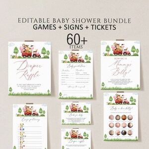 Farm Animal Baby Shower Games Bundle, Editable Baby Shower Games, Printable Baby shower Games, Instant Download, Farm animals baby shower