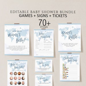 Travel Baby Shower Games Printable, Editable Baby Shower Games Bundle, Boy Adventure Awaits Baby Shower Game, World Map Baby Shower, Globe