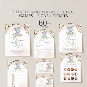 Elephant Baby Shower Games Printable Game Bundle Pink Elephant Girl Baby Shower Games Package Instant Download, pink elephant baby shower