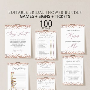 Rose gold Bridal Shower Games, Printable Bridal Shower Games, Rosegold Wedding Shower Games, Editable Bridal Party Games, Rose gold confetti