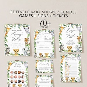 Safari Baby Shower Games Bundle, Jungle Baby Shower, Editable Safari Baby Shower Games Instant Download, Printable Games safari baby shower