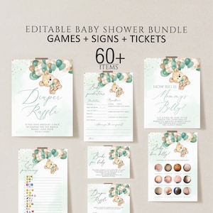 Teddy Bear Baby Shower Games Printable, Editable Baby Shower Games Bundle, Baby Shower Games, Green balloon baby shower games Download